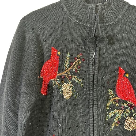 Tiara International Cardinal Bird Knit Jacket Womens M Black Zip Beaded Holiday - Picture 3 of 5